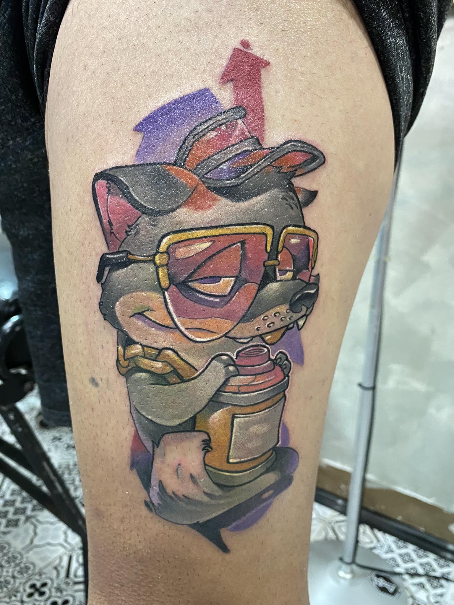 Color, Character, Leg Tattoo by Max. He is a highly skilled tattoo artist at Lethal Ink Tattoo in Pattaya. He is celebrated for is expertise in black and grey, anime, manga, Thai art, and tribal motifs. Max, Color, Character, Leg Tattoo, Lethal Ink, Pattaya, 2024