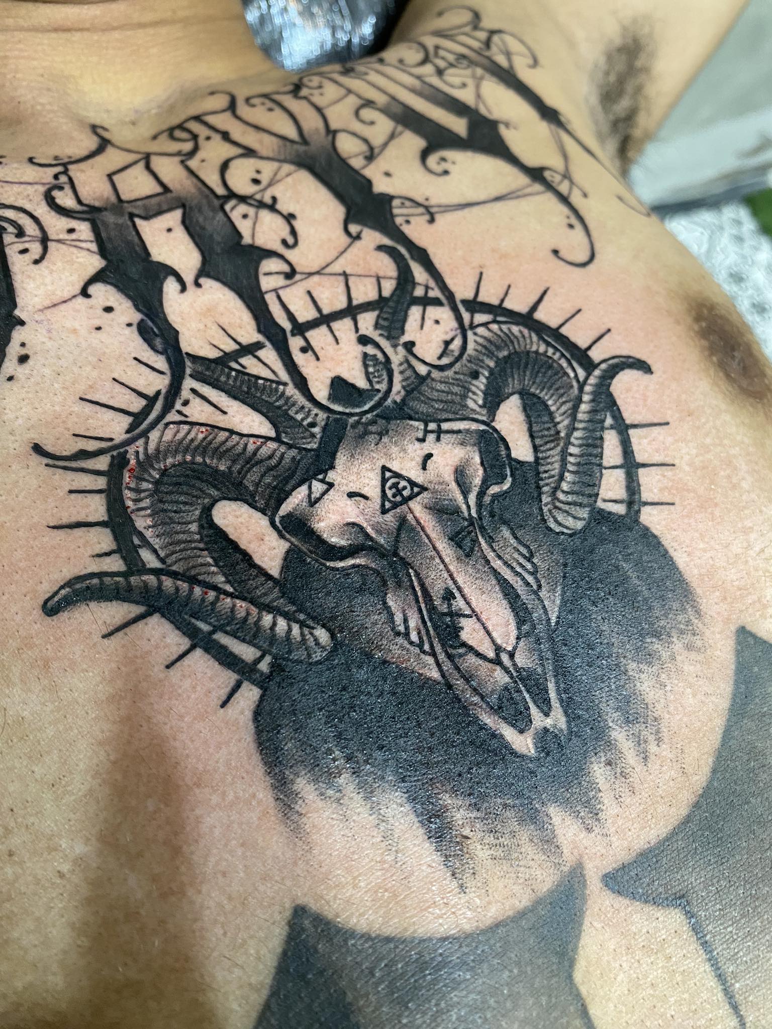 Flower, Red, Color, Chest Tattoo by Max. He is a highly skilled tattoo artist at Lethal Ink Tattoo in Pattaya. He is celebrated for is expertise in black and grey, anime, manga, Thai art, and tribal motifs. Max, Goat, Skull, Black and Grey, Chest Tattoo, Lethal Ink, Pattaya, 2024