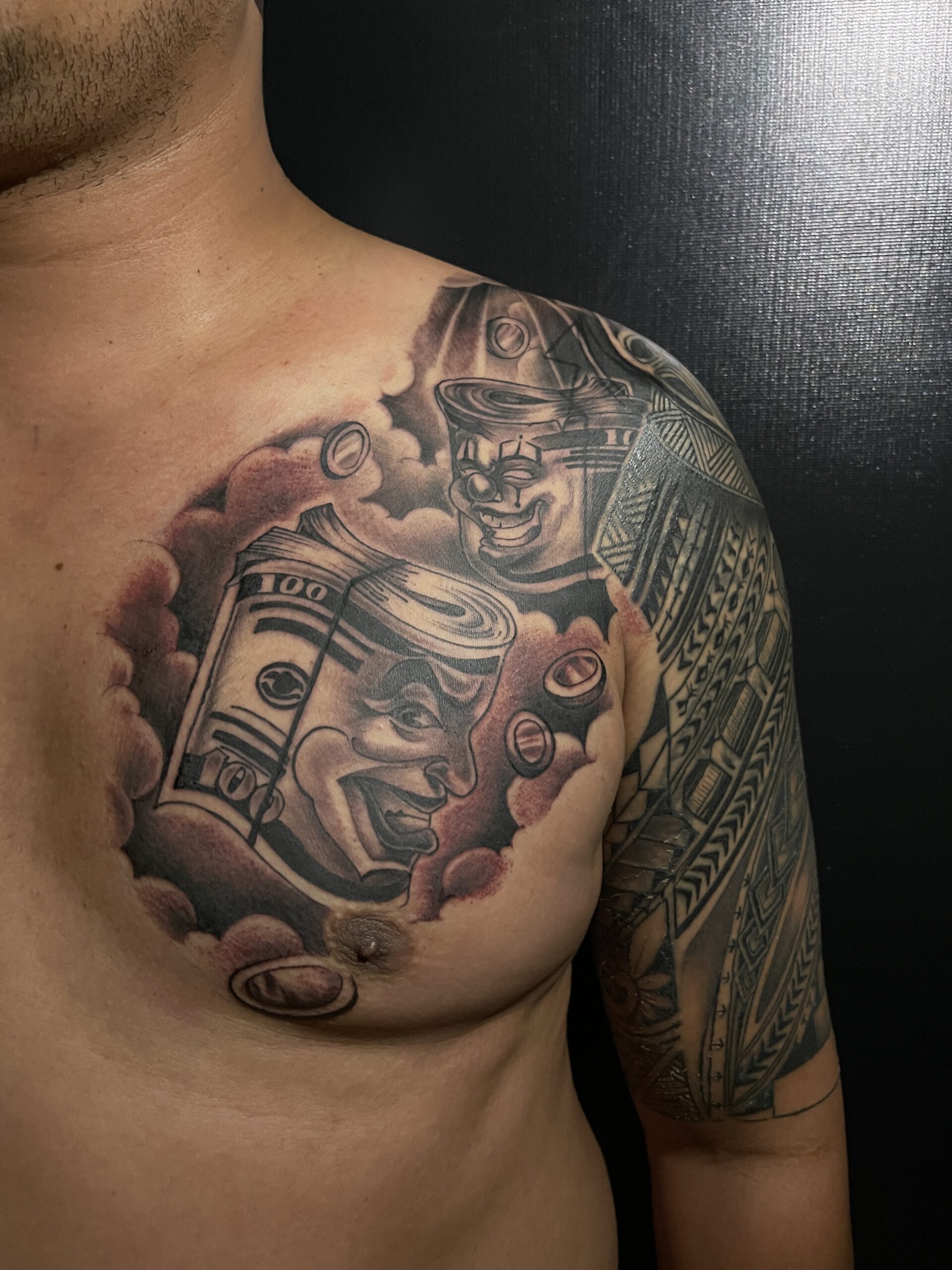 Character, Chest Tattoo by Toon. He is a highly skilled tattoo artist at Lethal Ink Tattoo in Pattaya. He is celebrated for his expertise in Japanese, Chicano, Realistic, New School, Old School, Neo Thai, and Bamboo Tattooing. Toon, Character, Chest Tattoo, Lethal Ink, Pattaya, 2024