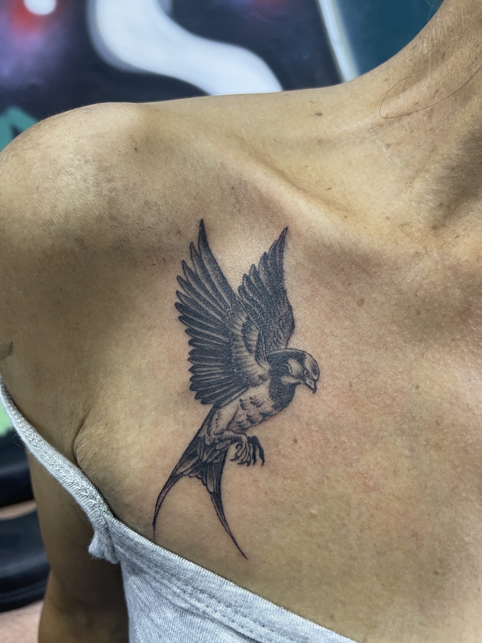 Black and grey, bird, Chest Tattoo by Max. He is a highly skilled tattoo artist at Lethal Ink Tattoo in Pattaya. He is celebrated for his expertise in black and grey, anime, manga, Thai art, and tribal motifs. Max, Black and Grey, Bird, Chest Tattoo, Lethal Ink, Pattaya, 2024