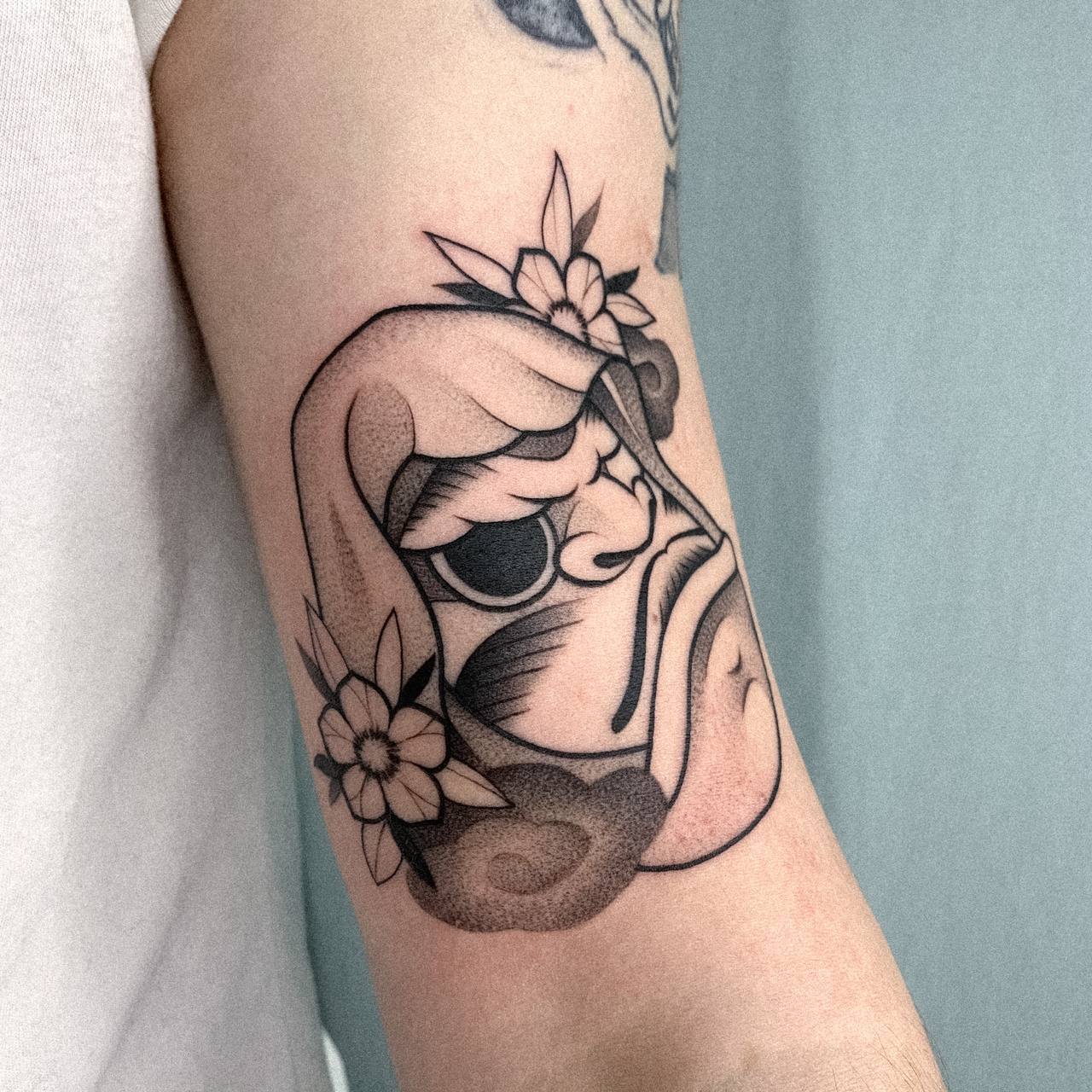 Japanese, Daruma, Bicep Tattoo by Alek. She is a highly skilled tattoo artist at Lethal Ink Tattoo in Pattaya. She is celebrated for her expertise in Japanese, BlackWork, and Abstract styles. Alek, Japanese, Daruma, Bicep Tattoo, Lethal Ink, Pattaya, 2024