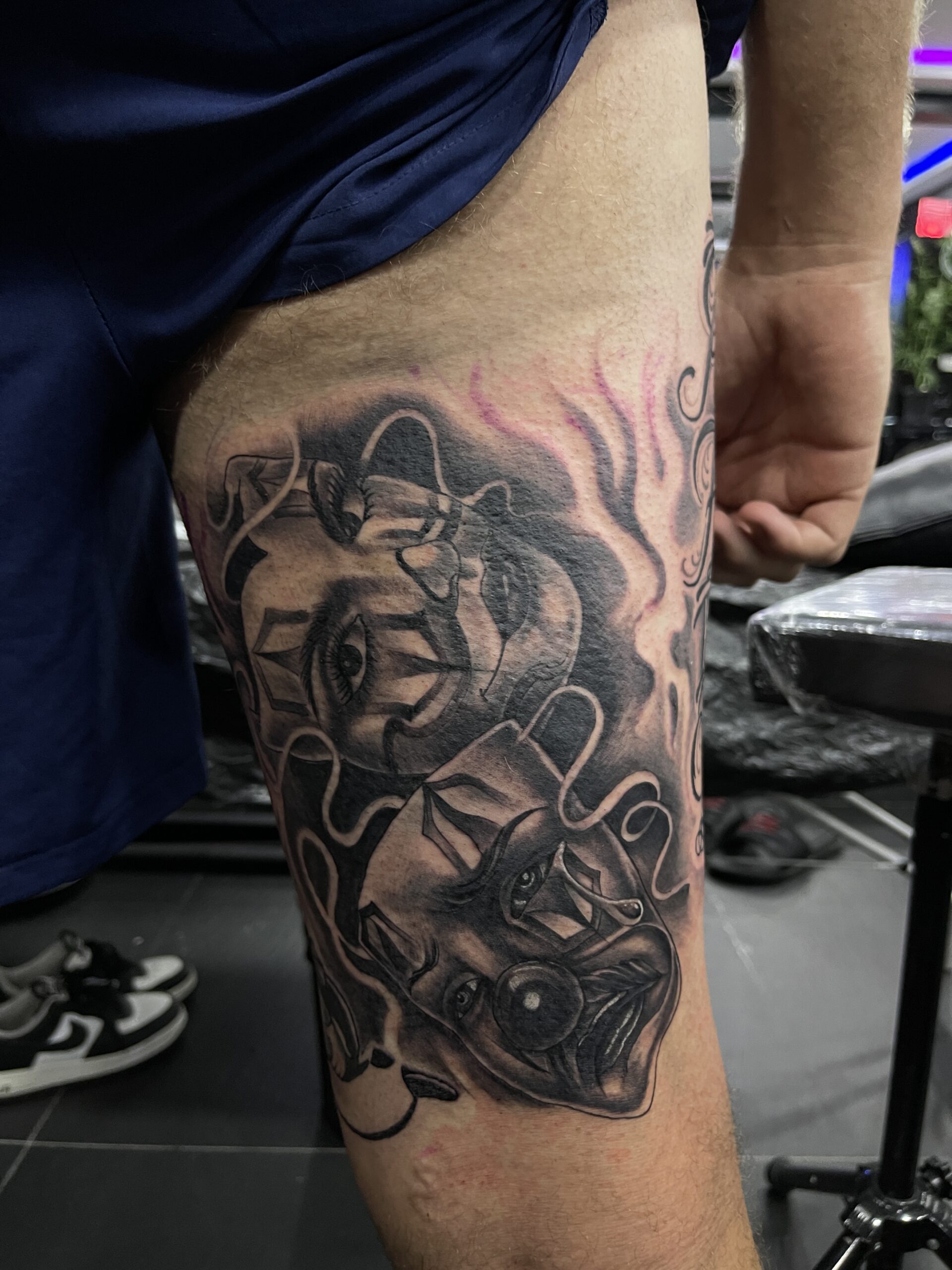 Masks, Black and Grey, Leg, Tattoo. We have highly skilled tattoo artists at Lethal Ink Tattoo in Pattaya. We are known for Japanese, Chicano, Realistic, New School, Old School, Neo Thai, Blackwork, and Bamboo Tattooing. Masks, Black and Grey, Leg Tattoo, Lethal Ink, Pattaya, 2024