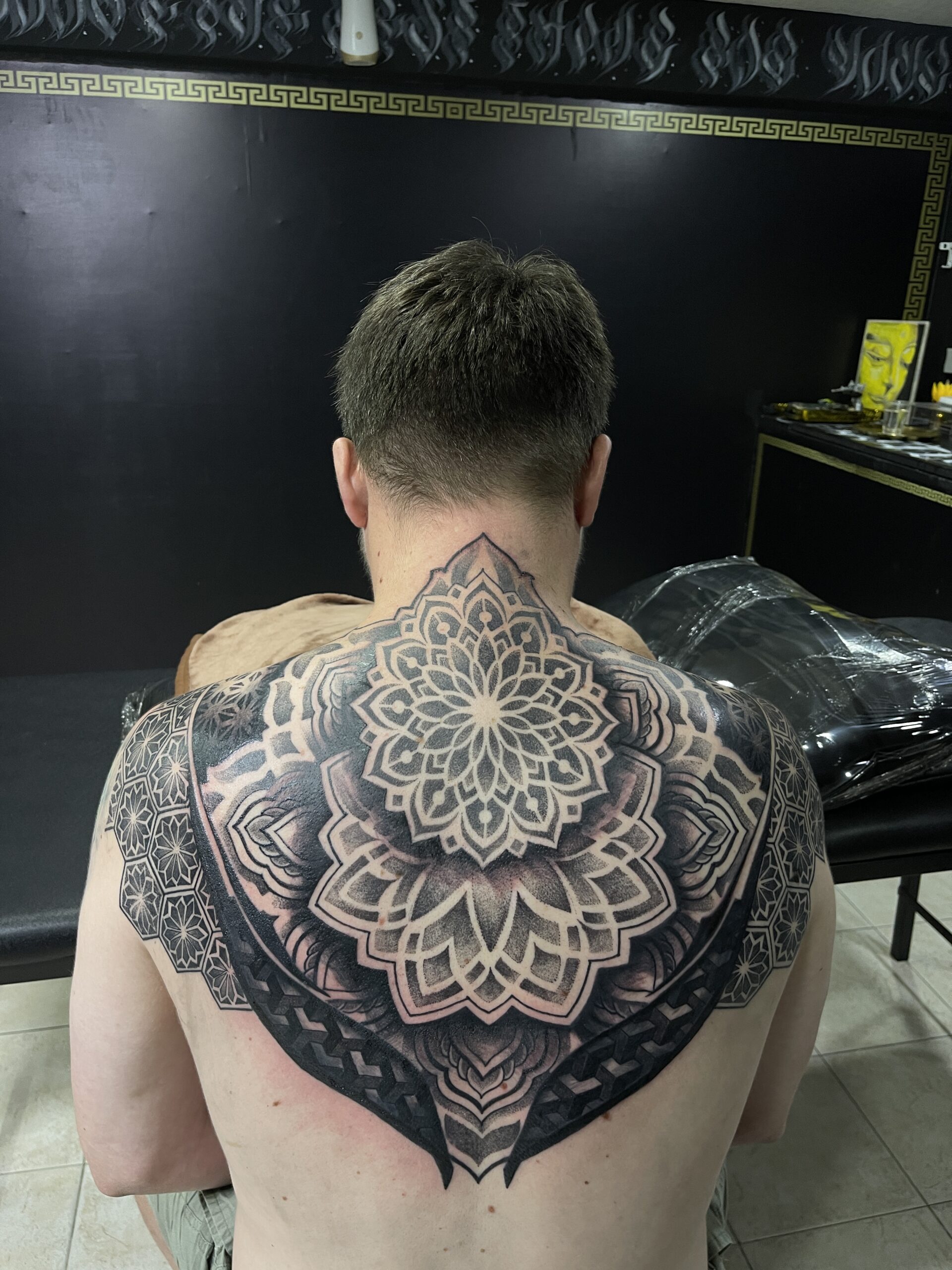 Back, Black and Grey, Abstract Tattoo by Toon. He is a highly skilled tattoo artist at Lethal Ink Tattoo in Pattaya. He is celebrated for his expertise in Japanese, Chicano, Realistic, New School, Old School, Neo Thai, and Bamboo Tattooing. Toon, Back, Black and Grey, Abstract Tattoo, Lethal Ink, Pattaya, 2024