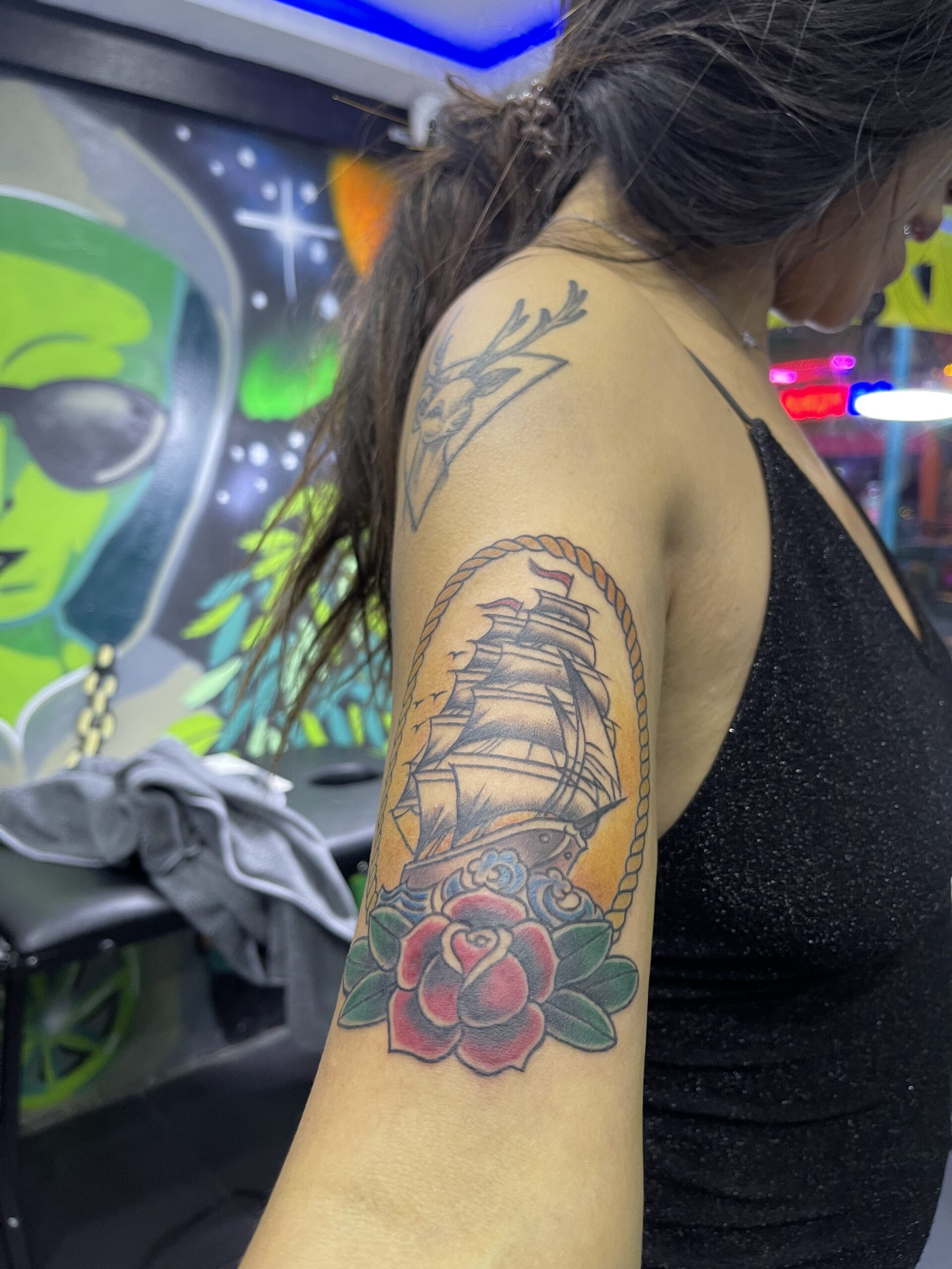 Ship, Color, Bicep Tattoo. We have highly skilled tattoo artists at Lethal Ink Tattoo in Pattaya. We are known for Japanese, Chicano, Realistic, New School, Old School, Neo Thai, Blackwork, and Bamboo Tattooing. Ship, Color, Bicep Tattoo, Lethal Ink, Pattaya, 2024