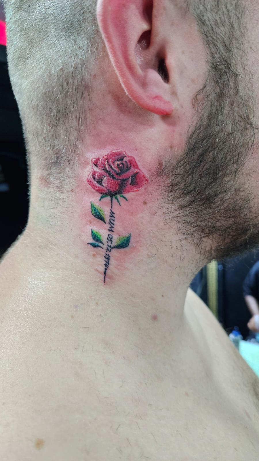 Rose, Red, Color, Realistic Style, Neck Tattoo by Toon. He is a highly skilled tattoo artist at Lethal Ink Tattoo in Pattaya. He is celebrated for his expertise in Japanese, Chicano, Realistic, New School, Old School, Neo Thai, and Bamboo Tattooing. Rose, Red, Color, Realistic Style, Neck Tattoo, Toon, Lethal Ink, Pattaya, 2024