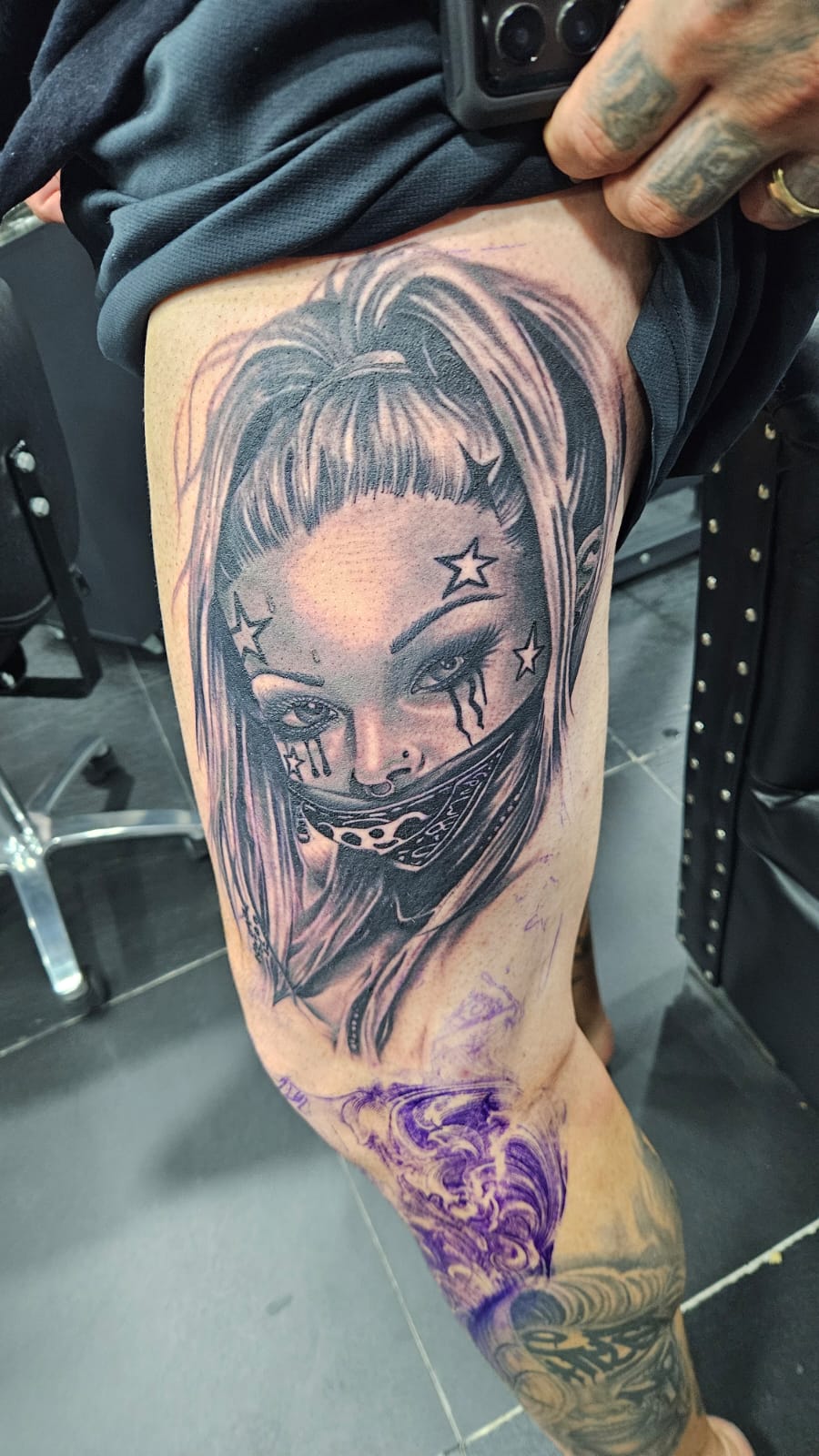 Chicano, Black and Gray, Woman, Face, Portrait, Thigh Tattoo by Toon. He is a highly skilled tattoo artist at Lethal Ink Tattoo in Pattaya. He is celebrated for his expertise in Japanese, Chicano, Realistic, New School, Old School, Neo Thai, and Bamboo Tattooing. Chicano, Black and Gray, Woman, Face, Portrait, Thigh Tattoo, Toon, Lethal Ink, Pattaya, 2024