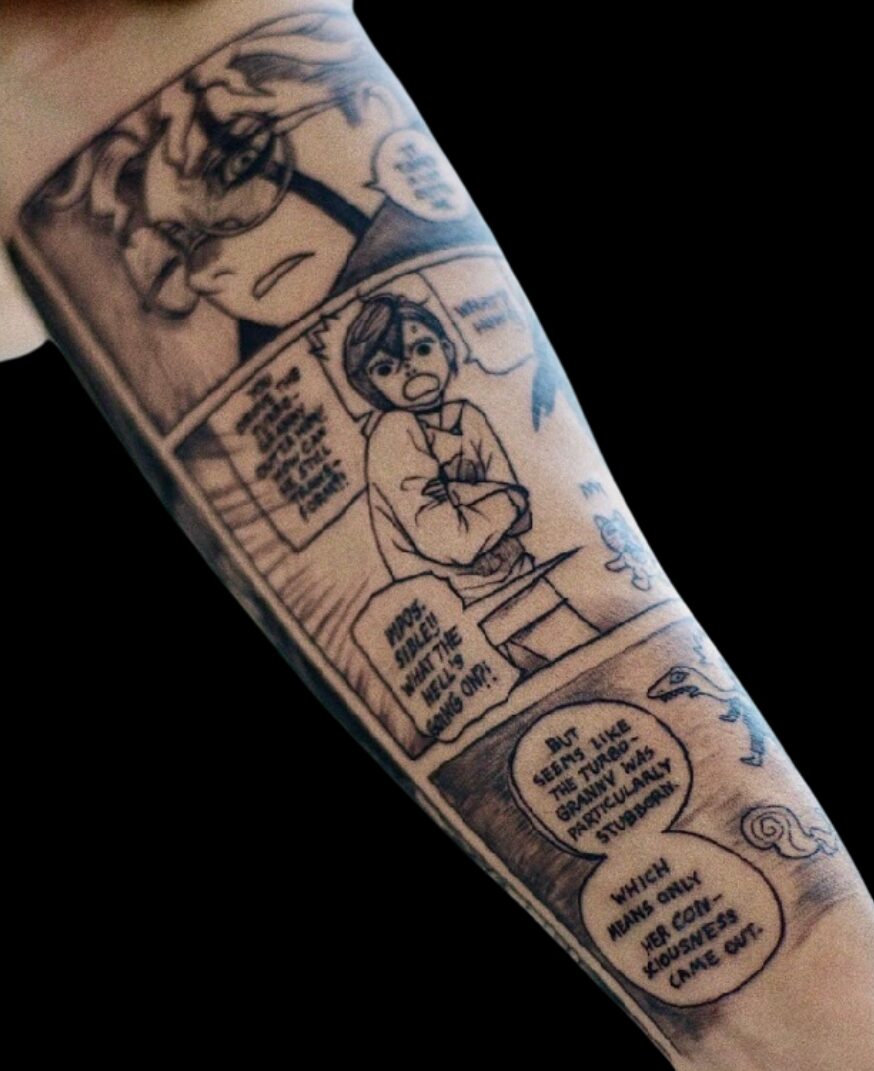 Comic Style, Blackwork Tattoo by Ron. He is a highly skilled tattoo artist at Lethal Ink Tattoo in Pattaya. He is Known for is expertise in Watercolor Fine Line, Tribal, Realistic, Irezumi, Neo Thai, Quote, Japanese, and Blackwork. Ron, Tattoo Artist, Lethal Ink Tattoo, Pattaya, 2024