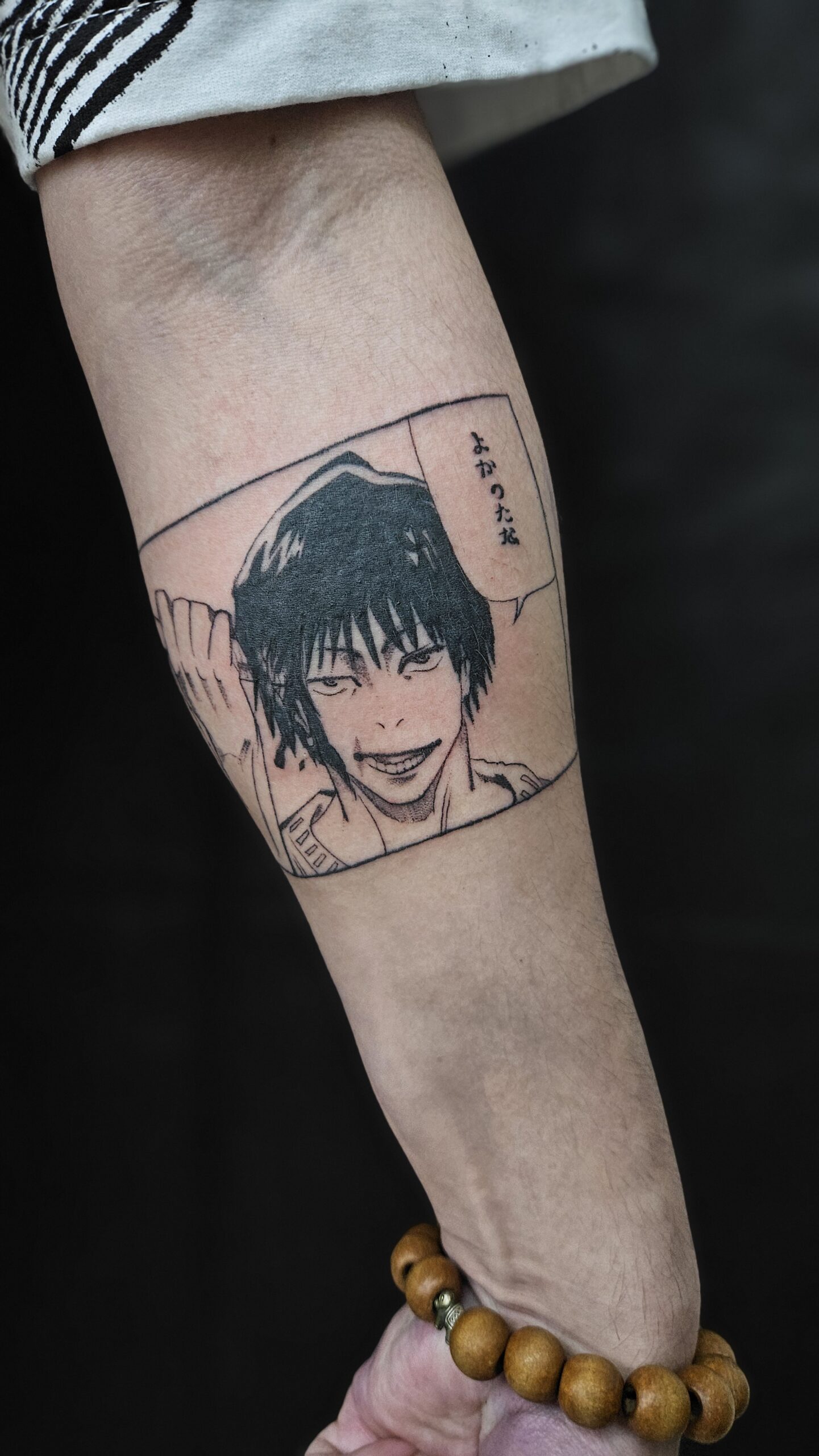 Anime, black and gray, face, arm tattoo, Lethal Ink Tattoo, Phra Tamnak, Pattaya, 2025 Anime, black and gray, face, arm tattoo, Lethal Ink Tattoo, Phra Tamnak, Pattaya, 2025