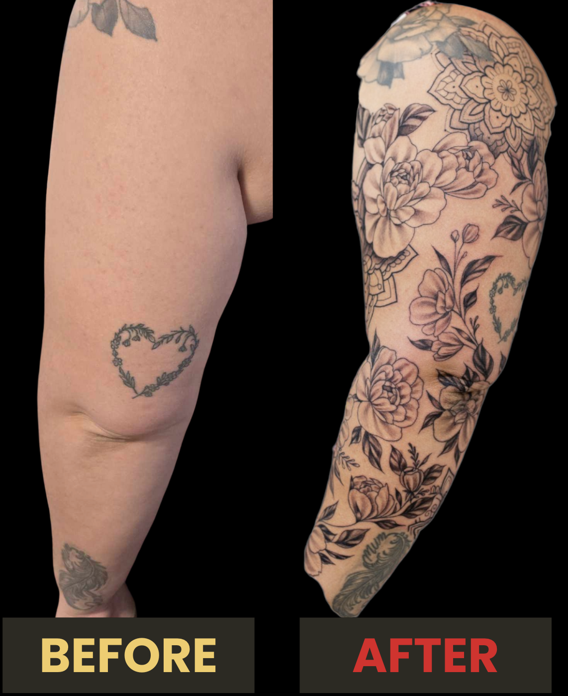 Before and after, fine line, floral, black and gray, arm sleeve tattoo, Lethal Ink Tattoo, Phra Tamnak, Pattaya, 2025 Before and after, fine line, floral, black and gray, arm sleeve tattoo, Lethal Ink Tattoo, Phra Tamnak, Pattaya, 2025