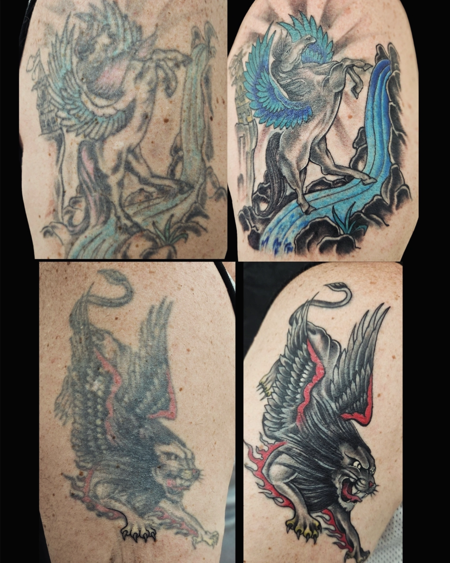 Before and after, tattoo repair, Pegasus, Griffon, shoulder tattoo, Lethal Ink Tattoo, Phra Tamnak, Pattaya, 2025 Before and after, tattoo repair, Pegasus, Griffon, shoulder tattoo, Lethal Ink Tattoo, Phra Tamnak, Pattaya, 2025