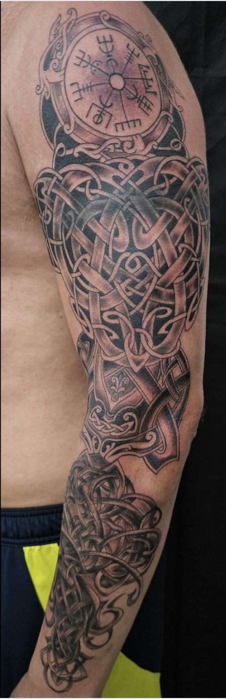 Celtic, black and gray, half arm sleeve tattoo, Lethal Ink Tattoo, Phra Tamnak, Pattaya, 2025 Celtic, black and gray, half arm sleeve tattoo, Lethal Ink Tattoo, Phra Tamnak, Pattaya, 2025