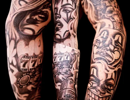 Chicano, black and gray, full arm sleeve tattoo, Lethal Ink Tattoo, Phra Tamnak, Pattaya, 2025