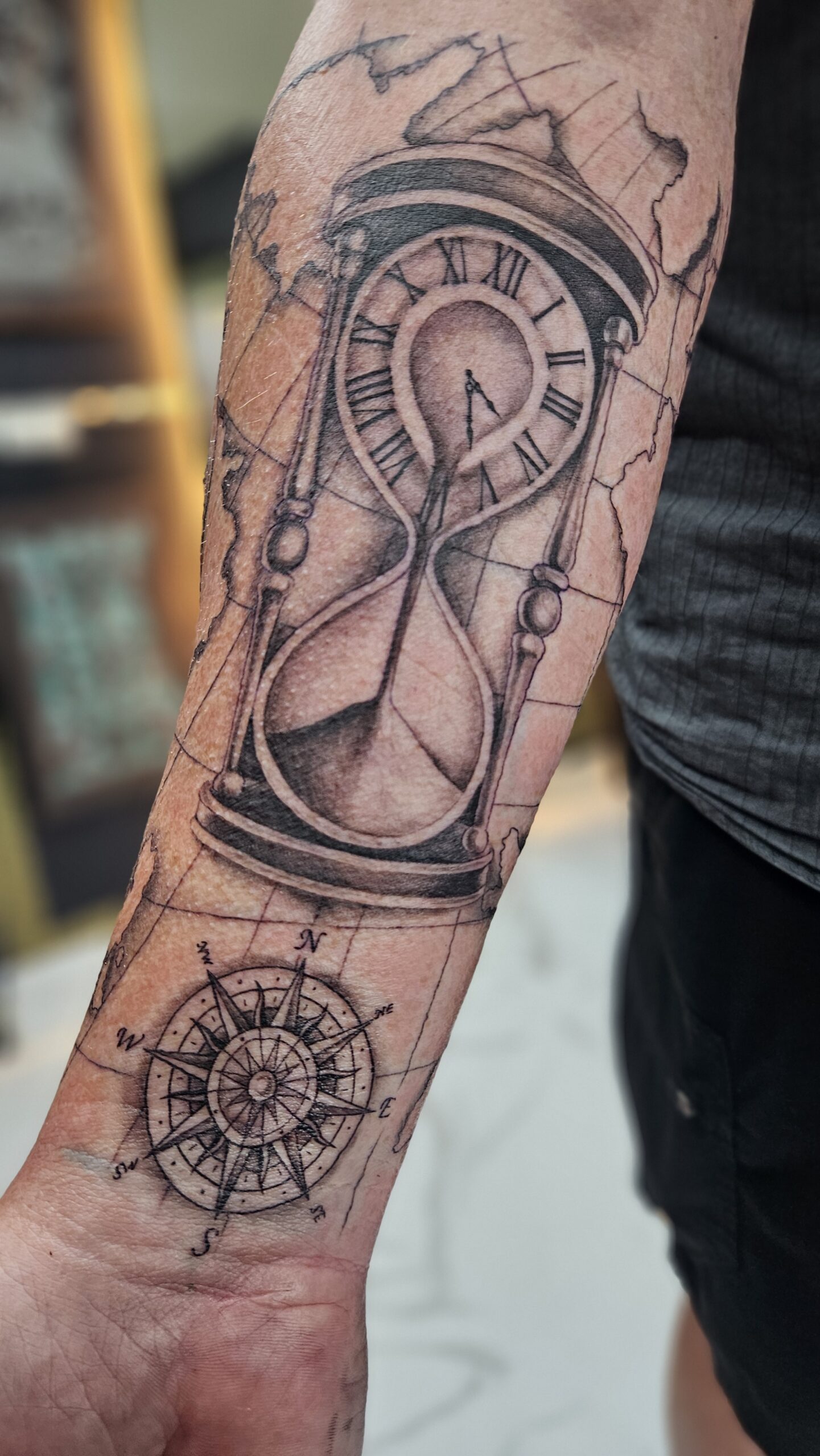Hour glass, travel theme, black and gray, fine line, arm tattoo, Lethal Ink Tattoo, Phra Tamnak, Pattaya, 2025 Hour glass, travel theme, black and gray, fine line, arm tattoo, Lethal Ink Tattoo, Phra Tamnak, Pattaya, 2025