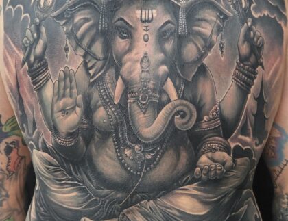 Lord Ganesha, full back, black and gray tattoo, Lethal Ink Tattoo, Phra Tamnak, Pattaya, 2025