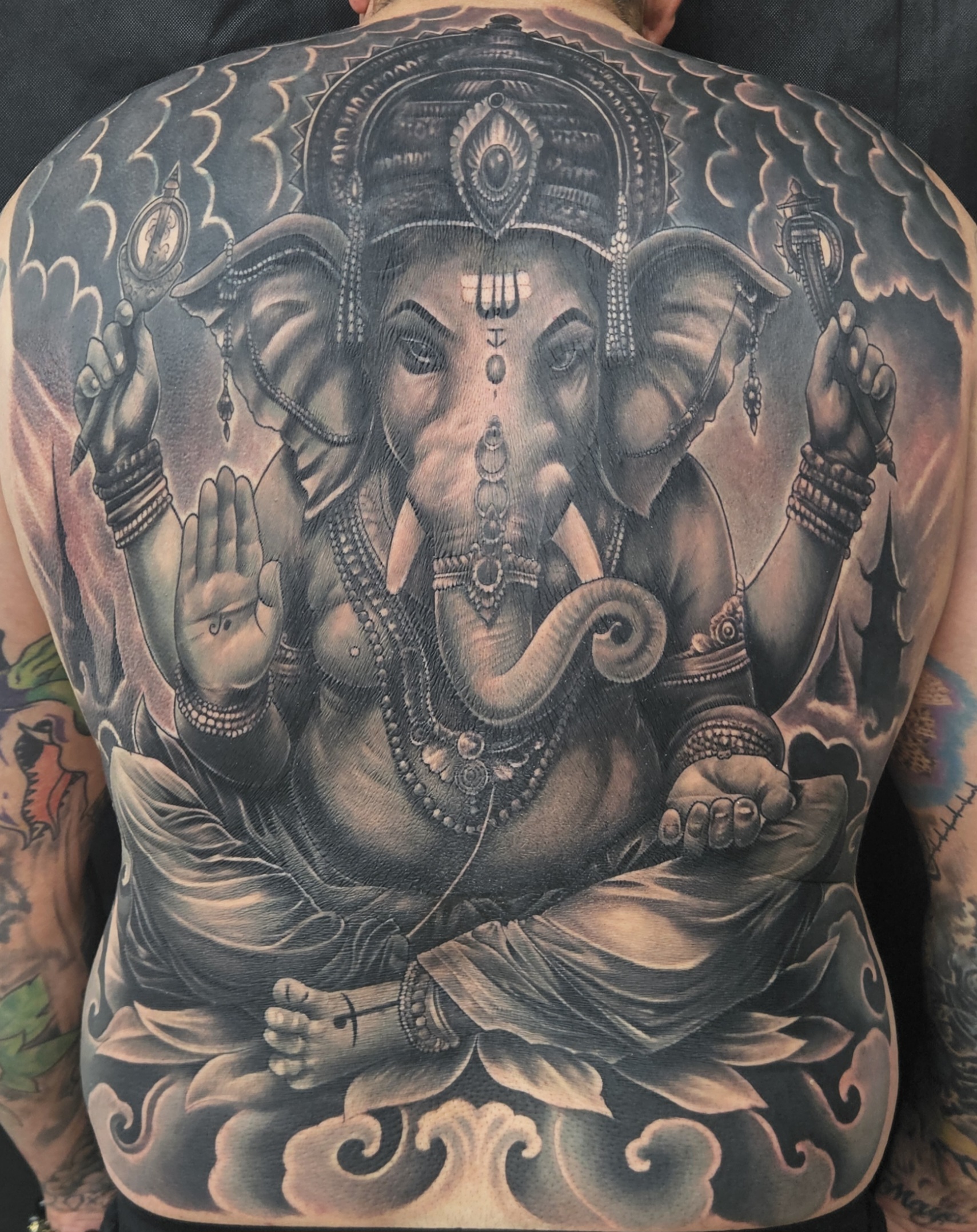 Lord Ganesha, full back, black and gray tattoo, Lethal Ink Tattoo, Phra Tamnak, Pattaya, 2025