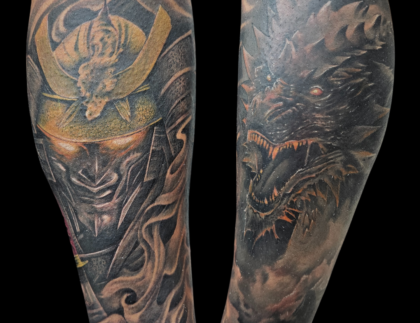 Samurai, dragon, Japanese style, leg tattoo, Lethal Ink Tattoo, Phra Tamnak, Pattaya, 2025