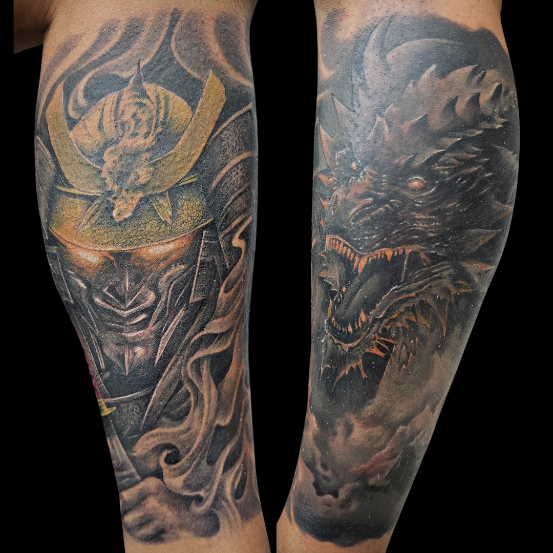 Samurai, dragon, Japanese style, leg tattoo, Lethal Ink Tattoo, Phra Tamnak, Pattaya, 2025