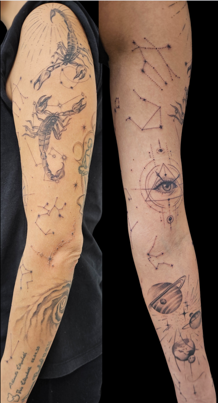 Space, start signs, fineline, black and gray, arm sleeve tattoo, Lethal Ink Tattoo, Phra Tamnak, Pattaya, 2025 Space, start signs, fineline, black and gray, arm sleeve tattoo, Lethal Ink Tattoo, Phra Tamnak, Pattaya, 2025