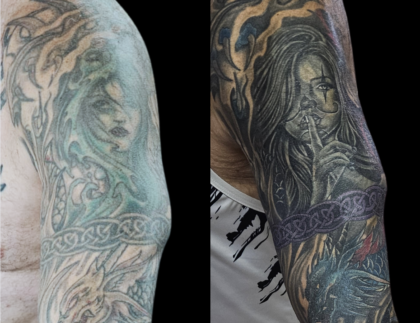 Tattoo Repair, tattoo cover, chicano, black and gray, shoulder tattoo, Lethal Ink Tattoo, Phra Tamnak, Pattaya, 2025