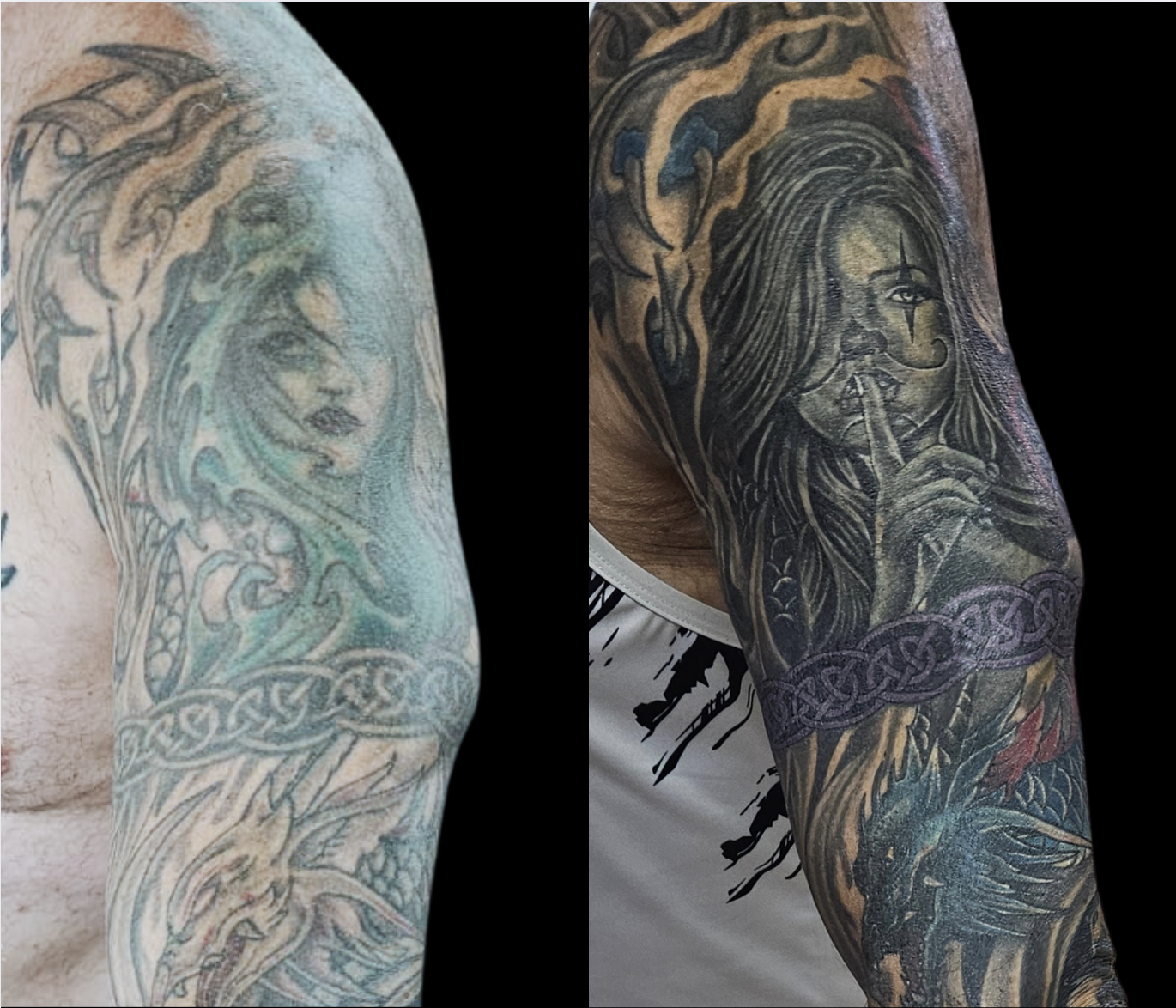 Tattoo Repair, tattoo cover, chicano, black and gray, shoulder tattoo, Lethal Ink Tattoo, Phra Tamnak, Pattaya, 2025