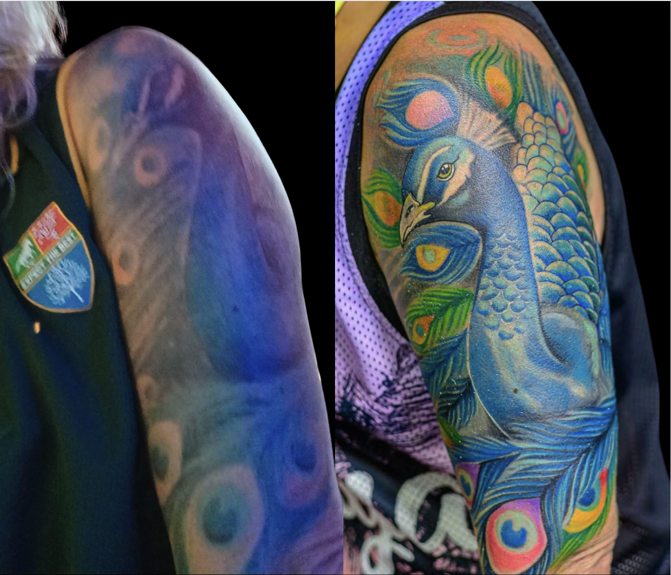 Tattoo repair, Peacock, color, arm tattoo, Lethal Ink Tattoo, Phra Tamnak, Pattaya, 2025 Tattoo repair, Peacock, color, arm tattoo, Lethal Ink Tattoo, Phra Tamnak, Pattaya, 2025
