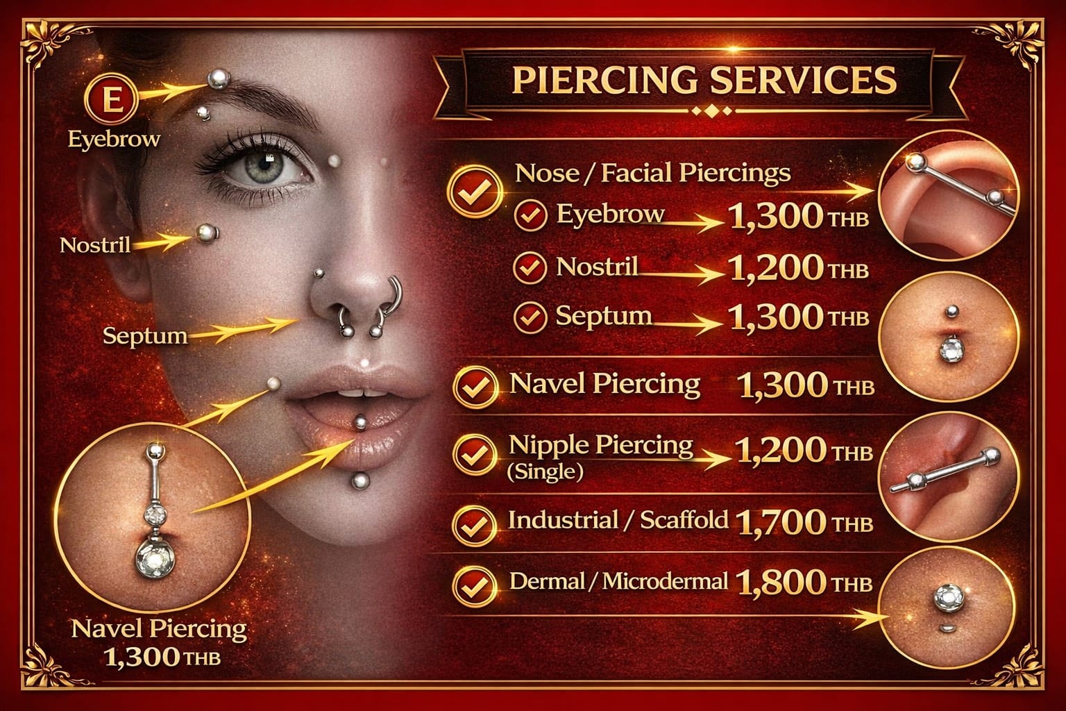 Facial, navel, nipple and dermal piercing pricing chart at Lethal Ink Tattoo, Pattaya (2025)