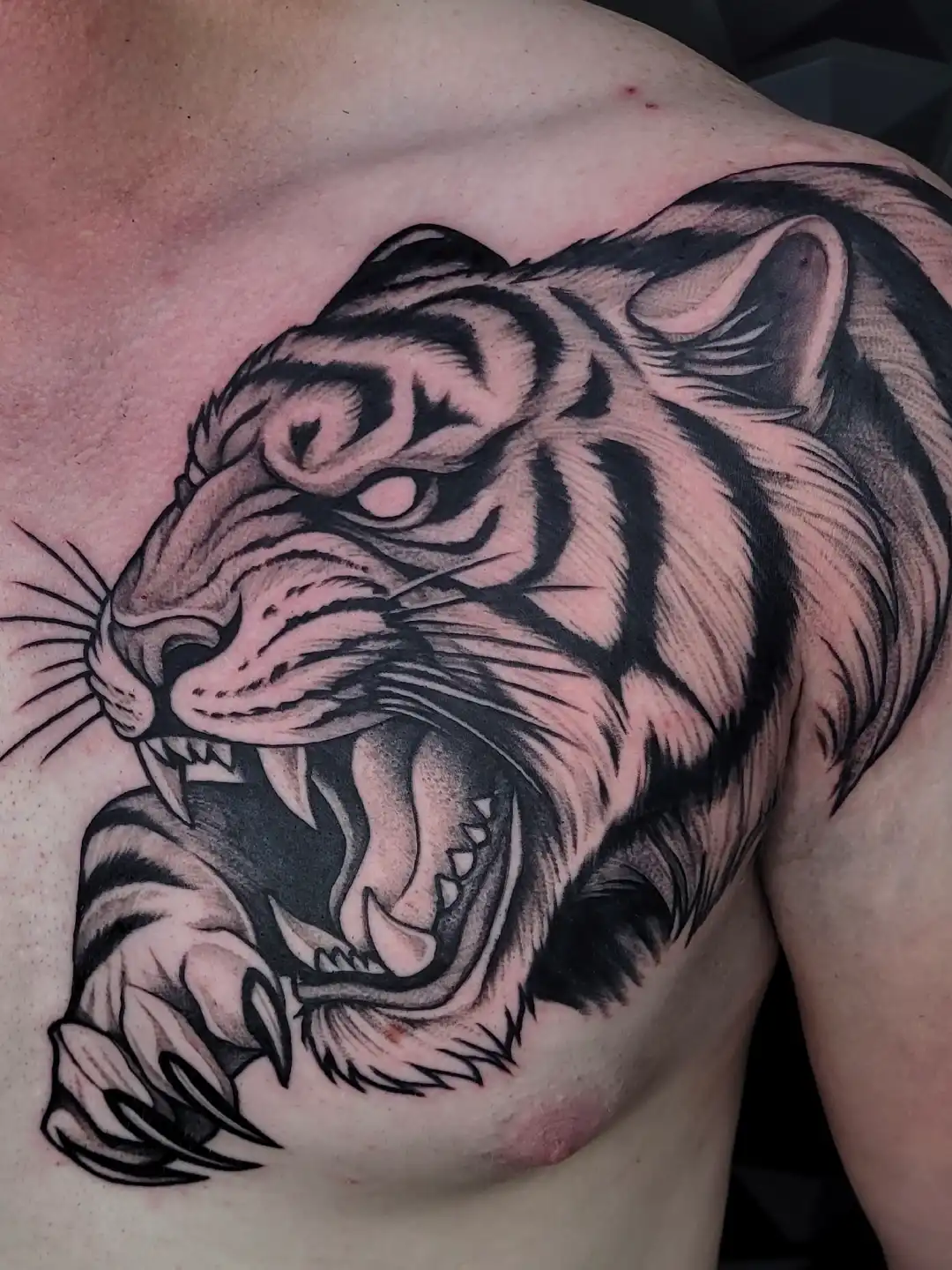 Black illustrative tiger head tattoo on chest by Sandy, tattoo artist at Lethal Ink Tattoo, Pattaya (2025)