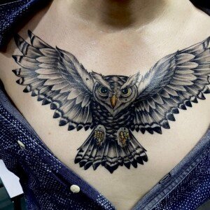 Black and Grey, Eagle, Realistic, Chest Tattoo. We have highly skilled tattoo artists at Lethal Ink Tattoo in Pattaya. We are known for Japanese, Chicano, Realistic, New School, Old School, Neo Thai, Blackwork, and Bamboo Tattooing. Black and Grey, Eagle, Realistic, Chest Tattoo, Lethal Ink, Pattaya, 2024