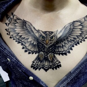 Black and Grey, Eagle, Realistic, Chest Tattoo. We have highly skilled tattoo artists at Lethal Ink Tattoo in Pattaya. We are known for Japanese, Chicano, Realistic, New School, Old School, Neo Thai, Blackwork, and Bamboo Tattooing. Black and Grey, Eagle, Realistic, Chest Tattoo, Lethal Ink, Pattaya, 2024