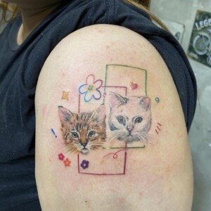 Cats, Color, shoulder Tattoo in Pattaya. We are known for Japanese, Chicano, Realistic, New School, Old School, Neo Thai, Blackwork, and Bamboo Tattooing. Cats, Color, shoulder Tattoo, Lethal Ink, Pattaya, 2024