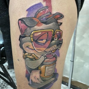 Color, Character, Leg Tattoo by Max. He is a highly skilled tattoo artist at Lethal Ink Tattoo in Pattaya. He is celebrated for is expertise in black and grey, anime, manga, Thai art, and tribal motifs. Max, Color, Character, Leg Tattoo, Lethal Ink, Pattaya, 2024