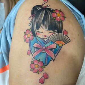 Japanese, Color, Floral, Shoulder, Character Tattoo by Max. He is a highly skilled tattoo artist at Lethal Ink Tattoo in Pattaya. He is celebrated for is expertise in black and grey, anime, manga, Thai art, and tribal motifs. Max, Japanese, Color, Floral, Shoulder, Character Tattoo, Lethal Ink, Pattaya, 2024