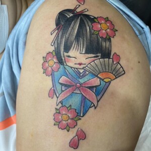 Japanese, Color, Floral, Shoulder, Character Tattoo by Max. He is a highly skilled tattoo artist at Lethal Ink Tattoo in Pattaya. He is celebrated for is expertise in black and grey, anime, manga, Thai art, and tribal motifs. Max, Japanese, Color, Floral, Shoulder, Character Tattoo, Lethal Ink, Pattaya, 2024