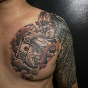 Character, Chest Tattoo by Toon. He is a highly skilled tattoo artist at Lethal Ink Tattoo in Pattaya. He is celebrated for his expertise in Japanese, Chicano, Realistic, New School, Old School, Neo Thai, and Bamboo Tattooing. Toon, Character, Chest Tattoo, Lethal Ink, Pattaya, 2024