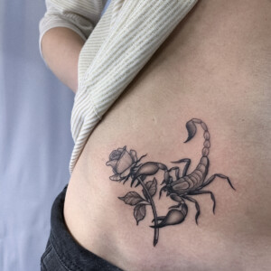 Scorpion, Blackwork, Hip Tattoo by Alek. She is a highly skilled tattoo artist at Lethal Ink Tattoo in Pattaya. She is celebrated for her expertise in Japanese, BlackWork, and Abstract styles. Alek, Blackwork, Scorpion, Hip Tattoo, Lethal Ink, Pattaya, 2024
