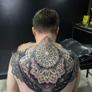 Back, Black and Grey, Abstract Tattoo by Toon. He is a highly skilled tattoo artist at Lethal Ink Tattoo in Pattaya. He is celebrated for his expertise in Japanese, Chicano, Realistic, New School, Old School, Neo Thai, and Bamboo Tattooing. Toon, Back, Black and Grey, Abstract Tattoo, Lethal Ink, Pattaya, 2024