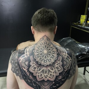 Back, Black and Grey, Abstract Tattoo by Toon. He is a highly skilled tattoo artist at Lethal Ink Tattoo in Pattaya. He is celebrated for his expertise in Japanese, Chicano, Realistic, New School, Old School, Neo Thai, and Bamboo Tattooing. Toon, Back, Black and Grey, Abstract Tattoo, Lethal Ink, Pattaya, 2024