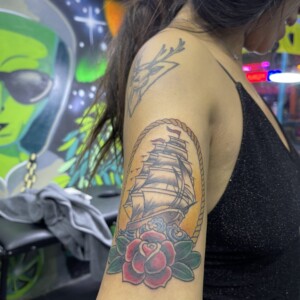 Ship, Color, Bicep Tattoo. We have highly skilled tattoo artists at Lethal Ink Tattoo in Pattaya. We are known for Japanese, Chicano, Realistic, New School, Old School, Neo Thai, Blackwork, and Bamboo Tattooing. Ship, Color, Bicep Tattoo, Lethal Ink, Pattaya, 2024