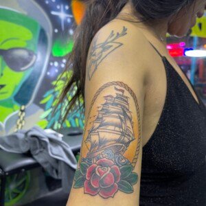 Ship, Color, Bicep Tattoo. We have highly skilled tattoo artists at Lethal Ink Tattoo in Pattaya. We are known for Japanese, Chicano, Realistic, New School, Old School, Neo Thai, Blackwork, and Bamboo Tattooing. Ship, Color, Bicep Tattoo, Lethal Ink, Pattaya, 2024
