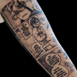 Comic Style, Blackwork Tattoo by Ron. He is a highly skilled tattoo artist at Lethal Ink Tattoo in Pattaya. He is Known for is expertise in Watercolor Fine Line, Tribal, Realistic, Irezumi, Neo Thai, Quote, Japanese, and Blackwork. Ron, Tattoo Artist, Lethal Ink Tattoo, Pattaya, 2024