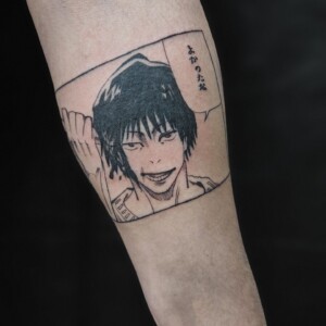 Anime, black and gray, face, arm tattoo, Lethal Ink Tattoo, Phra Tamnak, Pattaya, 2025 Anime, black and gray, face, arm tattoo, Lethal Ink Tattoo, Phra Tamnak, Pattaya, 2025