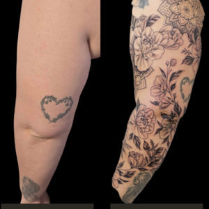 Before and after, fine line, floral, black and gray, arm sleeve tattoo, Lethal Ink Tattoo, Phra Tamnak, Pattaya, 2025 Before and after, fine line, floral, black and gray, arm sleeve tattoo, Lethal Ink Tattoo, Phra Tamnak, Pattaya, 2025