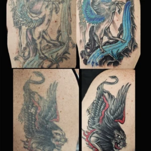 Before and after, tattoo repair, Pegasus, Griffon, shoulder tattoo, Lethal Ink Tattoo, Phra Tamnak, Pattaya, 2025 Before and after, tattoo repair, Pegasus, Griffon, shoulder tattoo, Lethal Ink Tattoo, Phra Tamnak, Pattaya, 2025