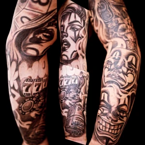 Chicano, black and gray, full arm sleeve tattoo, Lethal Ink Tattoo, Phra Tamnak, Pattaya, 2025 Chicano, black and gray, full arm sleeve tattoo, Lethal Ink Tattoo, Phra Tamnak, Pattaya, 2025