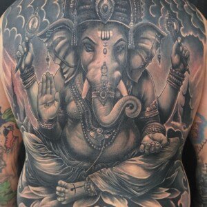 Lord Ganesha, full back, black and gray tattoo, Lethal Ink Tattoo, Phra Tamnak, Pattaya, 2025 Lord Ganesha, full back, black and gray tattoo, Lethal Ink Tattoo, Phra Tamnak, Pattaya, 2025