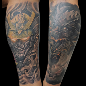 Samurai, dragon, Japanese style, leg tattoo, Lethal Ink Tattoo, Phra Tamnak, Pattaya, 2025 Samurai, dragon, Japanese style, leg tattoo, Lethal Ink Tattoo, Phra Tamnak, Pattaya, 2025
