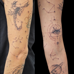 Space, start signs, fineline, black and gray, arm sleeve tattoo, Lethal Ink Tattoo, Phra Tamnak, Pattaya, 2025 Space, start signs, fineline, black and gray, arm sleeve tattoo, Lethal Ink Tattoo, Phra Tamnak, Pattaya, 2025