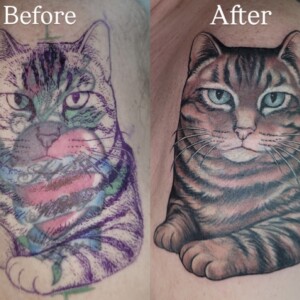 Color animated cat cover-up tattoo on arm by Sandy at Lethal Ink Tattoo, Pattaya. Sandy specializes in Color, Cover-Up, New School, Illustration, and Custom tattoos. Color animated cat cover-up tattoo on arm by Sandy, tattoo artist at Lethal Ink Tattoo, Pattaya (2025)