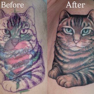 Color animated cat cover-up tattoo on arm by Sandy at Lethal Ink Tattoo, Pattaya. Sandy specializes in Color, Cover-Up, New School, Illustration, and Custom tattoos. Color animated cat cover-up tattoo on arm by Sandy, tattoo artist at Lethal Ink Tattoo, Pattaya (2025)