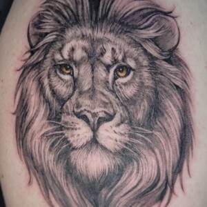 Color and black grey lion tattoo by Sandy at Lethal Ink Tattoo, Pattaya. Sandy specializes in Realism, Illustrative, Color, Black & Grey, and Portrait styles. Color and black grey realistic lion tattoo by Sandy, tattoo artist at Lethal Ink Tattoo, Pattaya (2025)